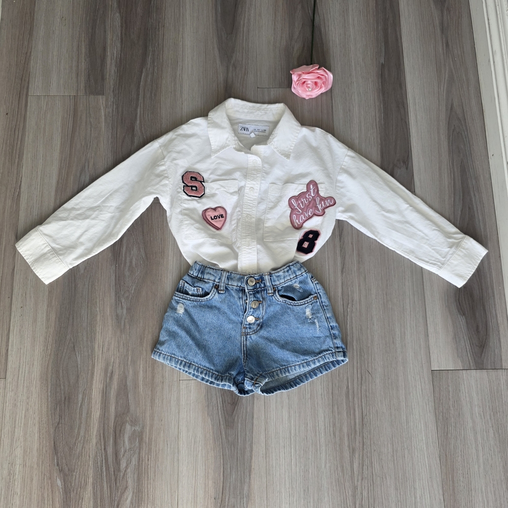 Zara White Shirt with Pink Patches and Blue Denim Shorts